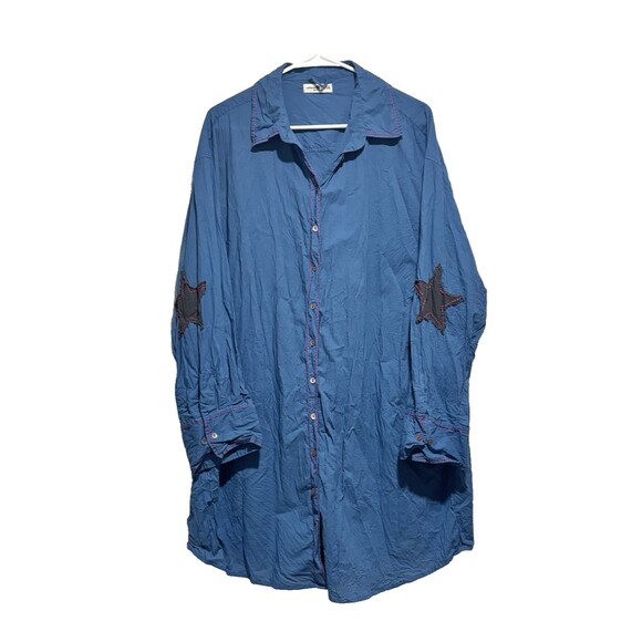 Natural Life 100% Cotton Blue Button Up Shirt Dress Gray Star Elbows L/XL - Picture 2 of 7